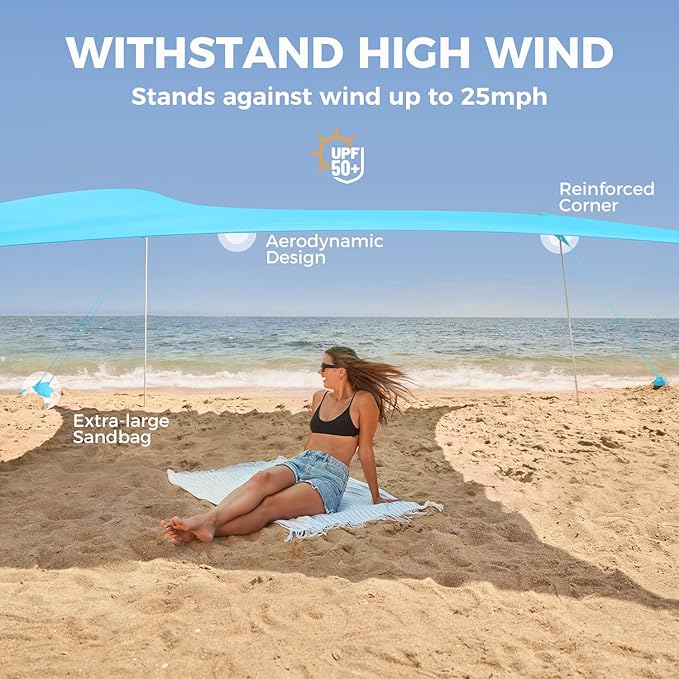WEKAPO Beach Tent Sun Shelter - Easy Setup Beach Canopy with 4 Sturdy Poles, Large Sandbags and Shovel, 6'7'' Tall, Windproof Sun Shade for Backyard and Camping, UPF 50+ Protection