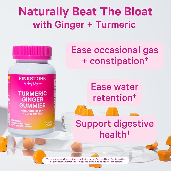 Pink Stork Turmeric Ginger Gummies - Turmeric and Ginger for Digestion, Detox, Gas, Energy Support, Immune Health - 60 Spiced Apricot Bloating Supplements