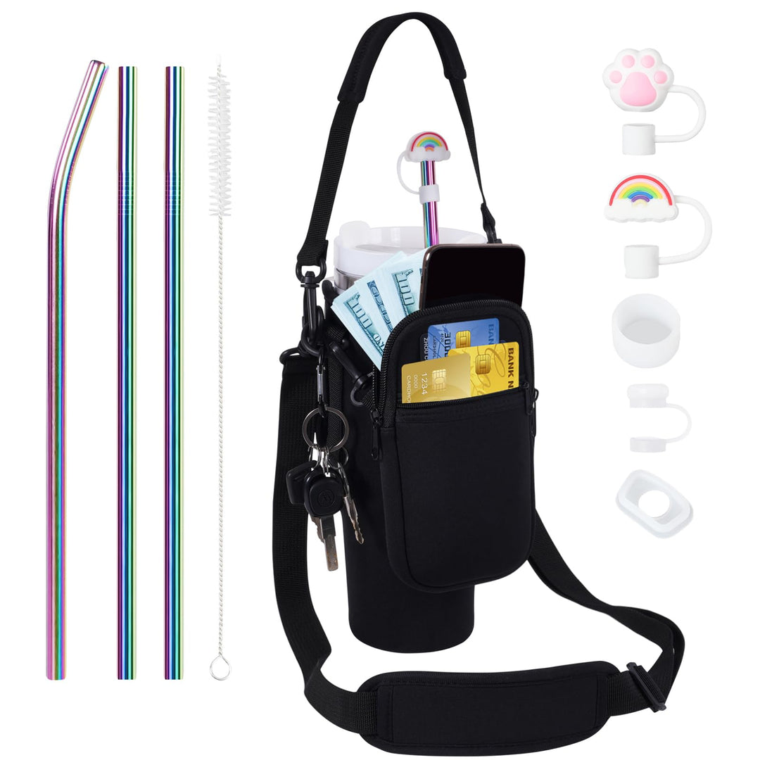 3 in 1 Water Bottle Carrier Bag with Pouch Pocket fits Stanley 40 oz Tumbler, Water Bottle Holder with Strap for Stanley Cup Accessories with Stainless Steel Straws, Straw Cover, Spill Proof Stoppers