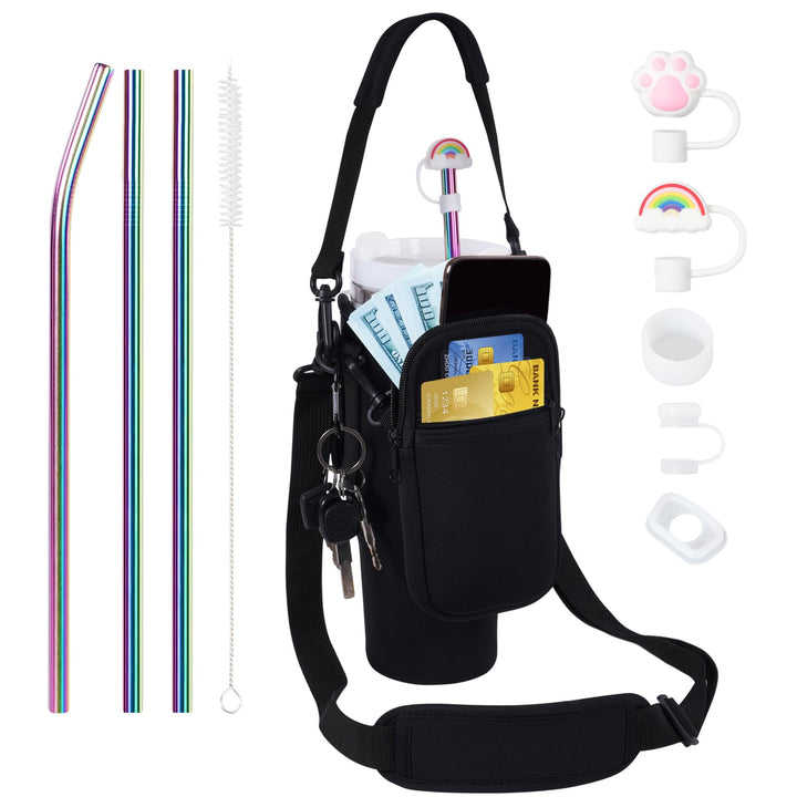 3 in 1 Water Bottle Carrier Bag with Pouch Pocket fits Stanley 40 oz Tumbler, Water Bottle Holder with Strap for Stanley Cup Accessories with Stainless Steel Straws, Straw Cover, Spill Proof Stoppers