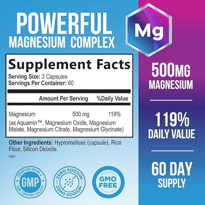 Magnesium Complex Supplement 500 mg - 5 in 1 High Absorption Chelated Magnesium Glycinate, Malate, Citrate, Oxide, Aquamin - Non-GMO Magnesio Capsules, Bone Muscle & Heart Health Support, 120 Capsules
