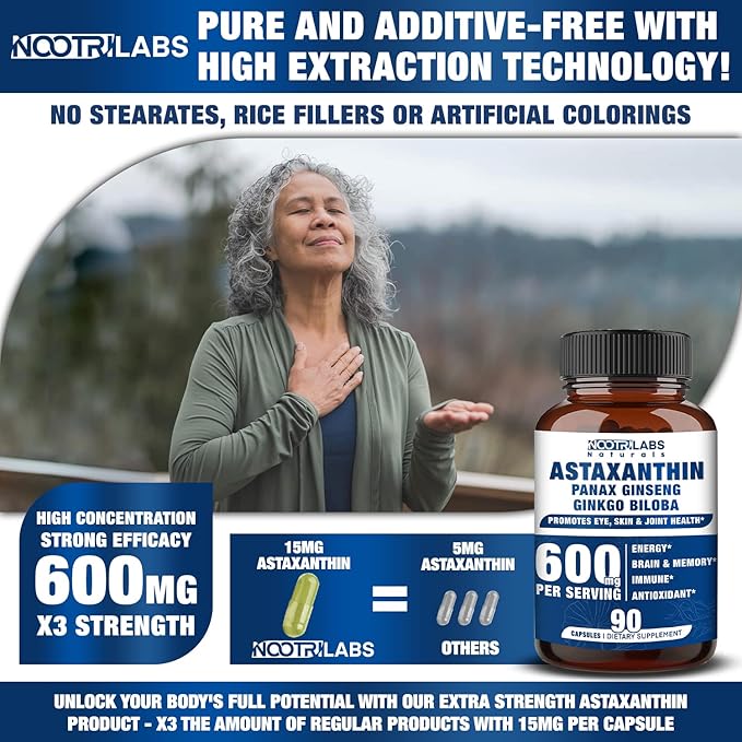 Astaxanthin 15mg + Panax Ginseng, Ginkgo Biloba Supplements, 90 Vegan Capsules, Promotes Eye Health Energy, Cardiovascular Support + Immune Defense and Focus