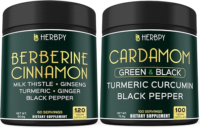 Bundle 7in1 Berberine HCl 97% 120 Count & 4in1 Cardamom Capsules 100 Count - Support Immune, Digestion, Heart Health, and Natural Wellness