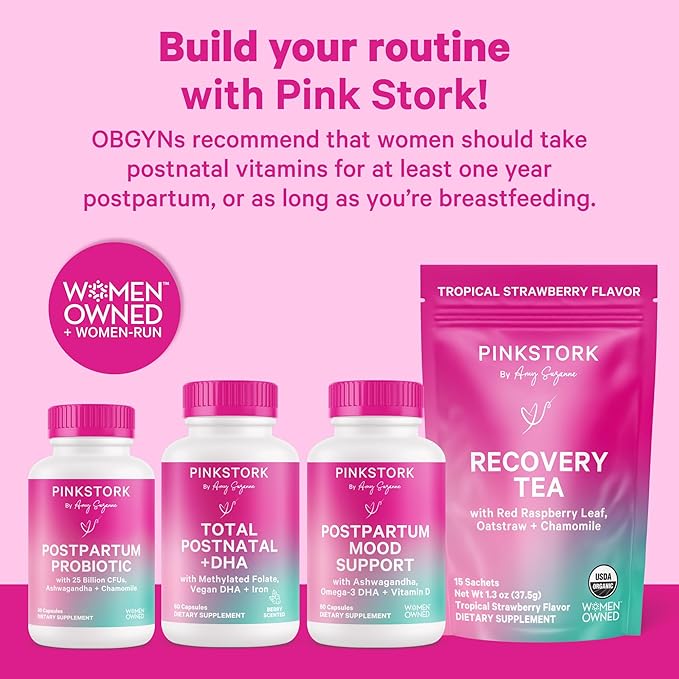 Pink Stork Total Postnatal Vitamins for Women with Vegan DHA, Iron, Folate, and Vitamin B12, Postpartum Recovery Essentials, Daily Supplement for Breastfeeding Moms - 1 Month Supply
