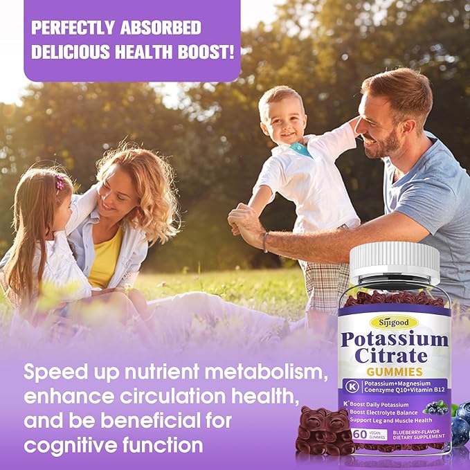 2 Pack Potassium Citrate Gummies, Potassium Supplement for Muscle Health, Leg Cramp Relief & Electrolyte Balance, Vegan, Non-GMO, Gluten-Free, Blueberry Flavor, 120 Count