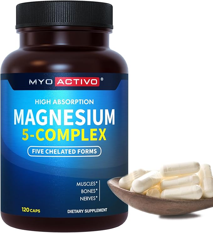 Magnesium 5 Complex - Chelated Magnesium Glycinate, Malate, Citrate, Taurate, & Aspartate for Nerves, Muscles, Bones - 1 Pack
