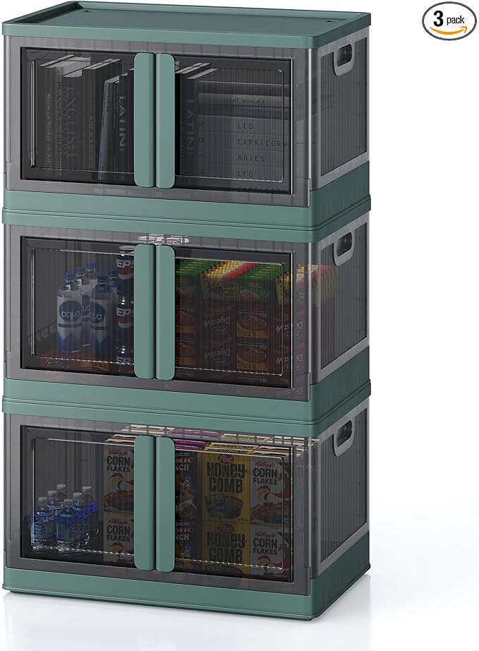 19Gal Collapsible Storage Bins with Lids & Wheels - 3 Pack Stackable with Doors, Heavy-Duty Plastic Containers for Home/Office, Green