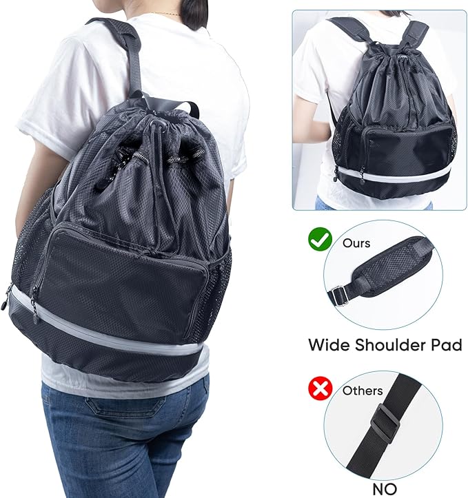 Swim Beach Gym Backpack - Drawstring with Shoes Compartment and Waterproof Pocket for Gym Accessories, Swim Essentials - Kids Mens Beach Workout Bag