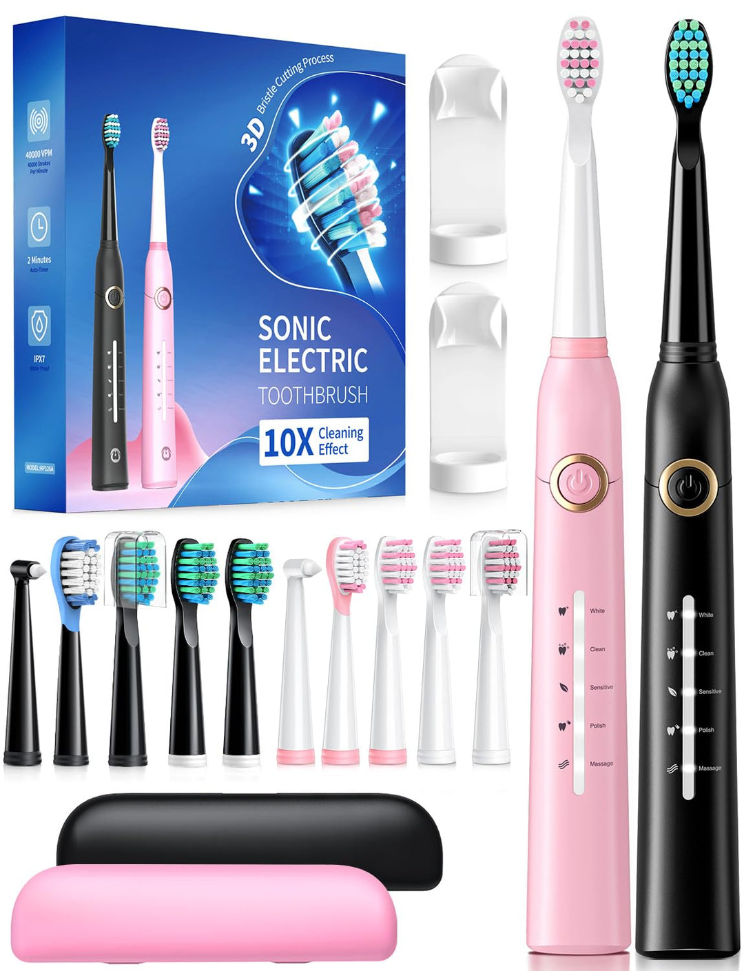 TEETHEORY 2 Pack Sonic Toothbrush, Electric Toothbrush Adults with 40000VPM 5 Modes 12 Brush Heads 2 Travel Cases, Sonic Toothbrush 4 Hours Charge Minimum 30 Days -Black&Pink