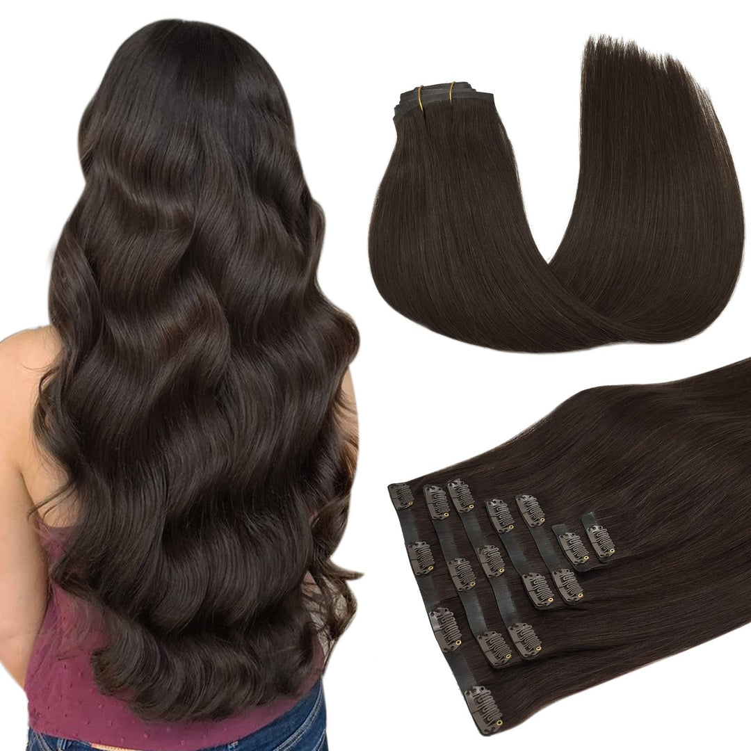 Doores Seamless Clip In Hair Extensions Real Human Hair, Light Dark Brown 22 Inch 7Pcs 110G, Human Hair Extensions Clip In Hair