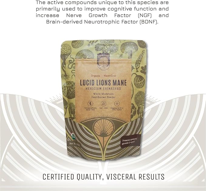 Hamilton’s Lucid Lion’s Mane | Organic Mushroom Extract Powder for Synapse Repair, Nerve Growth Factor, Focus, Memory, and Concentration | High Potency | 30% Beta Glucans | GF, Non-GMO, Vegan (200g)