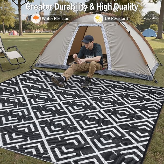 RV Outdoor Rug Waterproof Mat Outdoor Rugs 8'x10' for Patios Clearance Carpet Outdoor Camping Rugs Large Plastic Straw Rug(8x10ft Geometric Black&White)