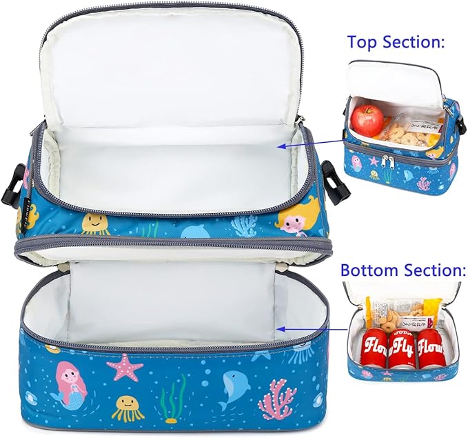FlowFly Double Decker Cooler Insulated Lunch Bag Large Tote for Boys, Girls, Men, Women, With Adjustable Strap (Blue-Mermaid)