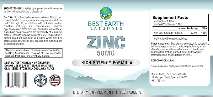 Best Earth Naturals 50 Mg Zinc Supplements - Immune Support Supplement - High Potency Natural Antioxidant - 100 Tablets (100 Day-Supply)