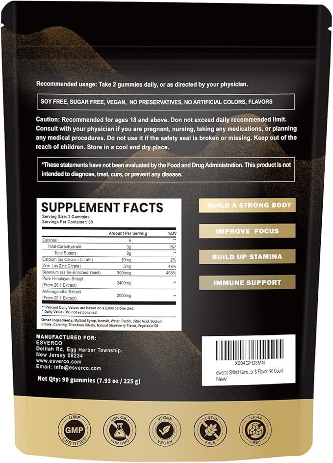 2400mg Pure Himalayan Shilajit Gummies with 2000mg Organic Ashwagandha Supplement for Men & Women, Extra Strength for Ehance Stamina, Immune Support, Vegan, for Adults, 90 Count
