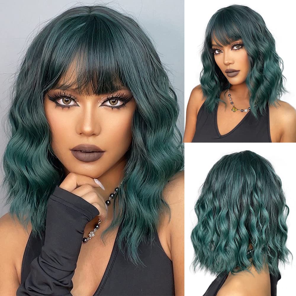 Esmee Short Wave Green Bob Wigs With Fringe Shoulder Length Ombre Wig Curly Wavy Synthetic Cosplay Wigs For Women 14 Inches