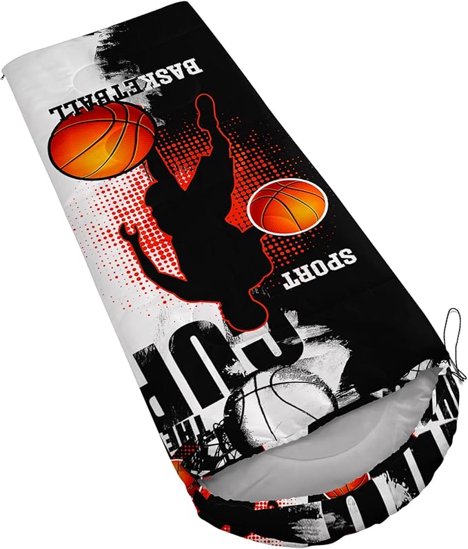 AILONEN Boys Sports Camping Sleeping Bags,Lightweight & Waterproof,3 Season Warm & Cool Weather,Black Player Basketball Sleeping Bags for Kids Adults,Travelling,Outdoors