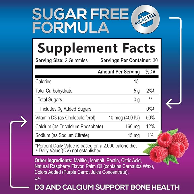 Sugar Free Calcium Gummy Bites Plus 400 IU Vitamin D3, Bone Health & Immune Support, Supports Bone Strength - Chewable Calcium Nutrition Supplement, Non-GMO, Berry Flavor Chews - 60 Gummies
