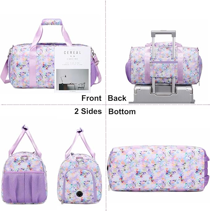 Butterfly Dance Duffel for Girls - Gymnastics, Overnight, Travel & Sleepover Bag with Shoe Compartments