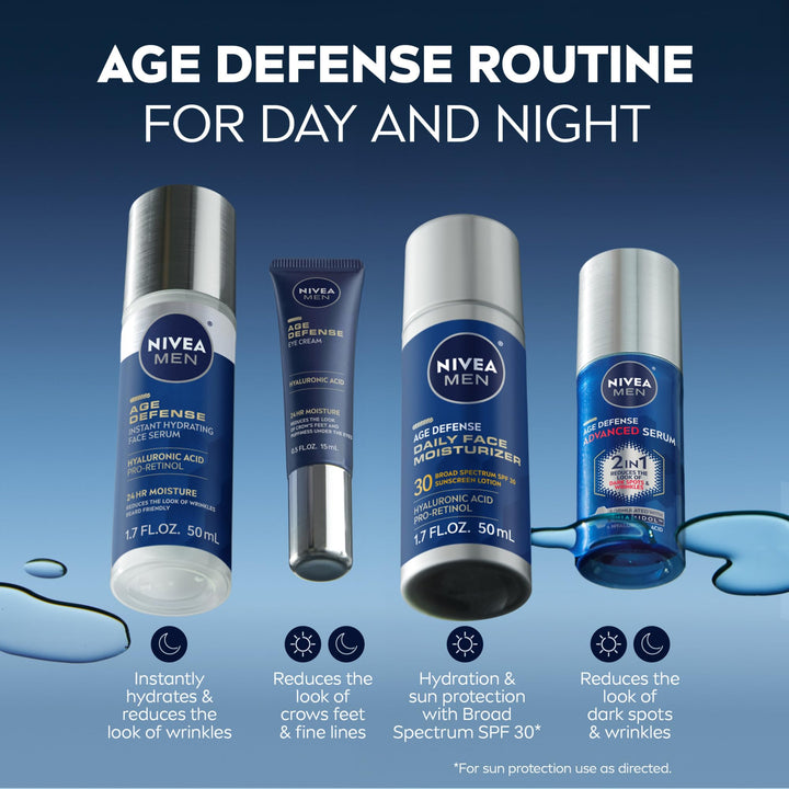 NIVEA MEN Age Defense Daily Face Moisturizer with Broad Spectrum SPF 30 Sunscreen, Pro-Retinol and Hyaluronic Acid, Beard-Friendly Face Lotion Helps Defend Against UVA/UVB Rays, 1.7 Fl Oz Bottle