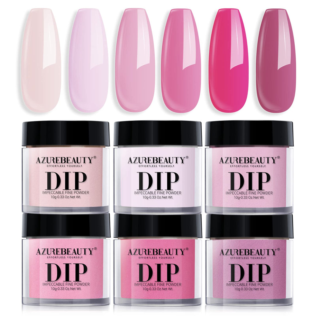 AZUREBEAUTY Pink Dip Powder Nail Set, 6 Colors Light Hot Pink Cherry Blossom Shades Dipping Powder Starter Kit, French Nail Art Manicure, No Need Nail Lamp Cured DIY Salon