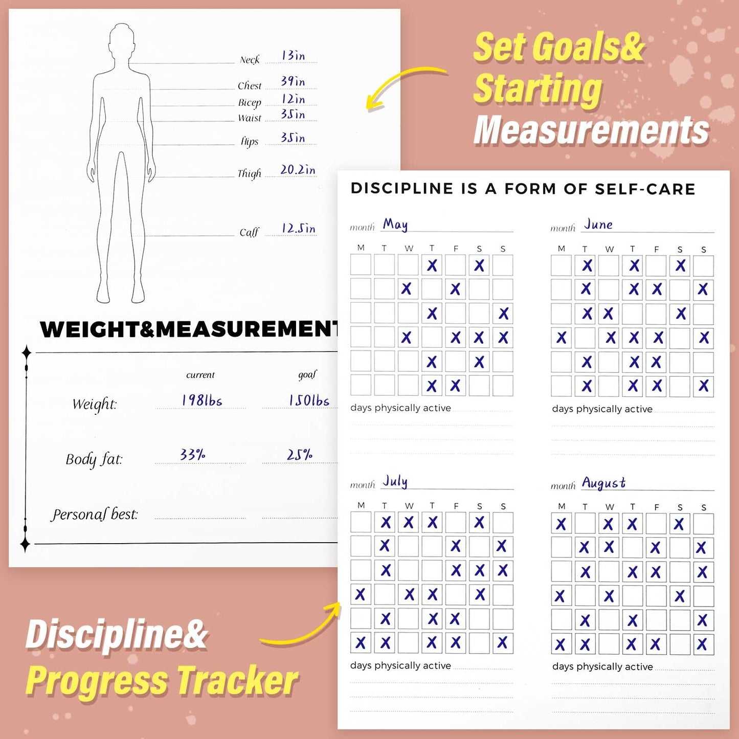 Fitness Journal for Women and Men, 8.8" x 6.6", Workout Log Sprial Book Planner for Tracking Progress and Achieving Your Wellness Goals, Pink