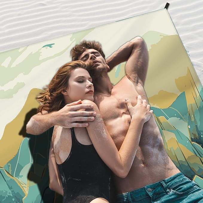 Beach Blanket Waterproof Sandproof Large Beach Mat 79" X 83" for 2-4 Adults Sand Free Mat Quick Drying,Lightweight & Durable with 4 Stakes & 4 Corner Pockets for Beach Travel Camping.(Mountain)