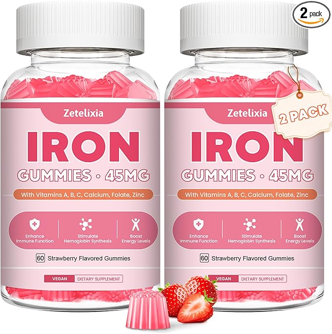 Vegan 2 Pack Iron Supplement Gummies for Women & Men, Anemia, Blood Builder & Energy Support for Iron Deficiency, with Vitamin C, A, B Complex, Folate, CoQ10, Sugar Free, Non-GMO, 120 Count