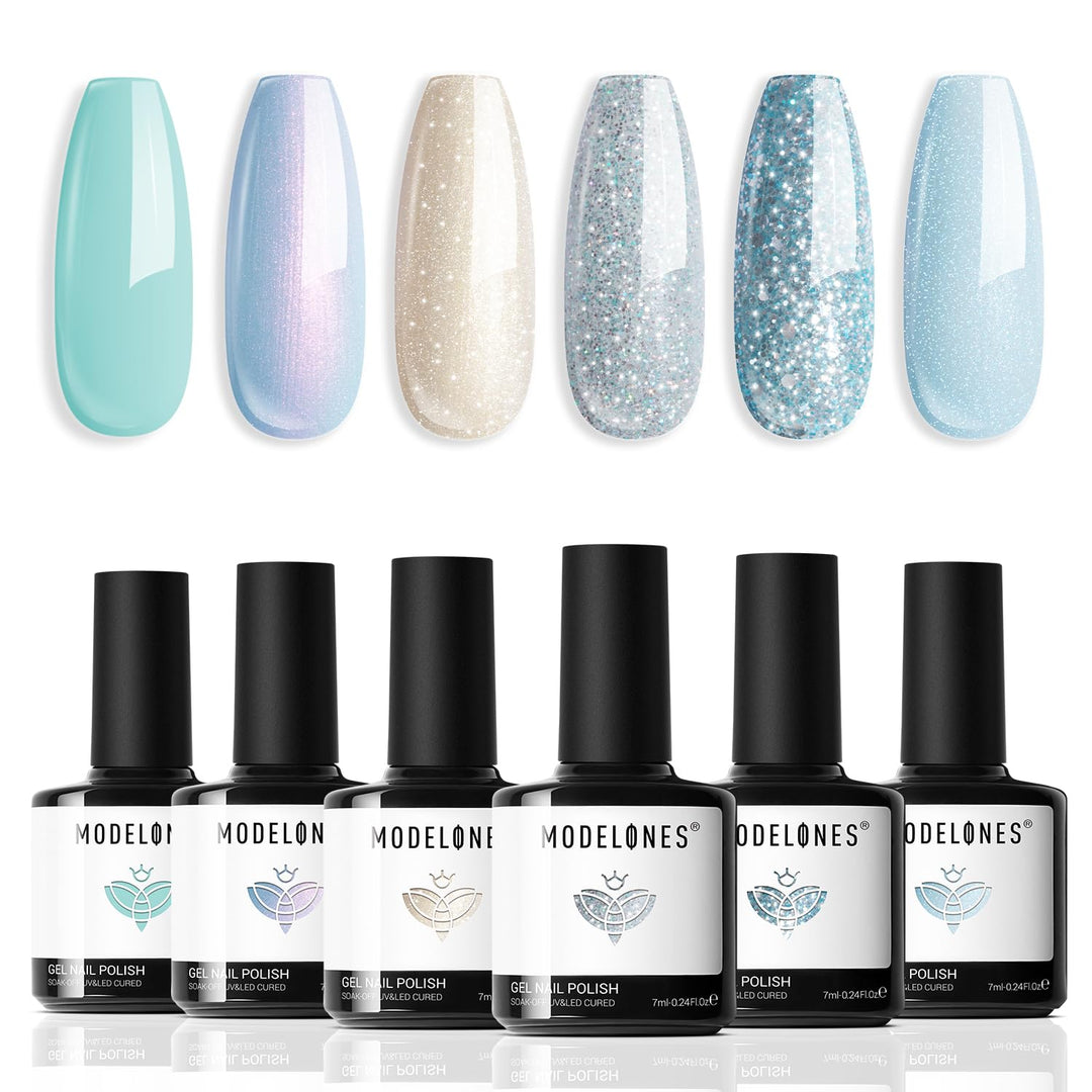 Modelones Gel Nail Polish Set,Mermaid 6 Pcs Blue Silver Glitter Gel Nail Polish Mint Green Shimmer Nail Polish Soak Off Spring S