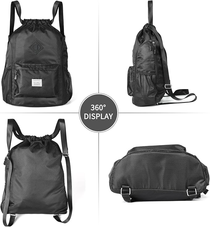 ALUSBELL Large Drawstring Backpack Bag, Sports Gym Bag String Sackpack with Shoes Compartment, Waterproof String Bag Cinch for Women Men(Black)
