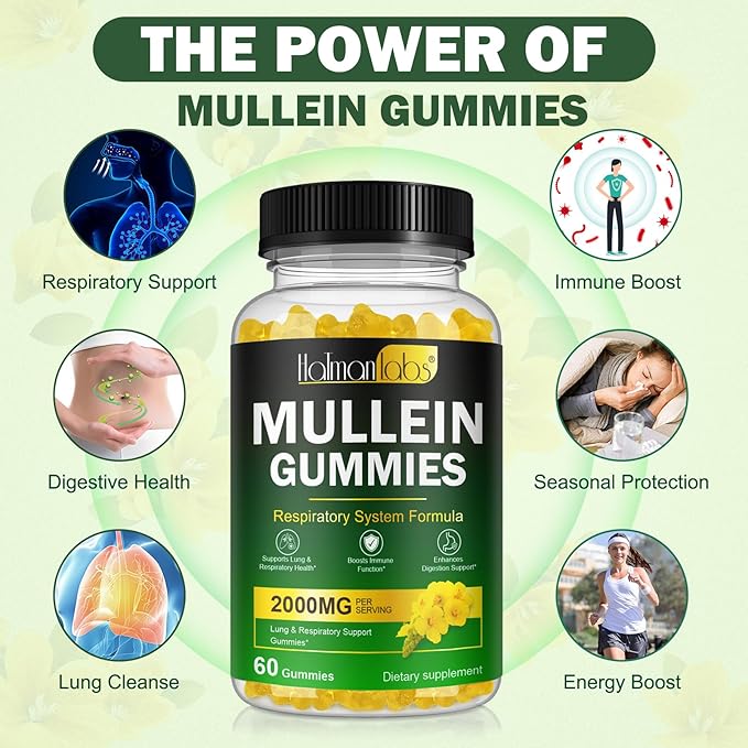 Mullein Gummies for Lungs, 2000 MG(50:1 Extract) Mullein Leaf Extract for Lung Cleanse and Respiratory Support, Natural Mullein Herbal Supplement, Pear Flavor Gummies 60 Count