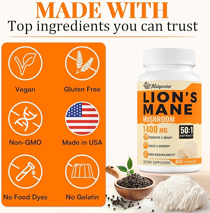 1400mg Lions Mane Supplement Capsules - 50x Strength Potency Brain Supplements for Memory and Focus | Natural Nootropics Brain Supplement for Cognitive, Clarity, Concentration & Energy - 60 Caps