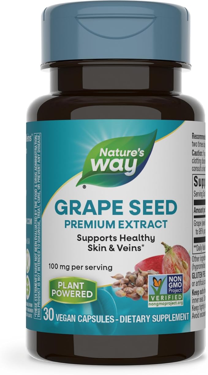 Nature's Way Grape Seed Premium Extract, Supports Healthy Skin and Veins*, Antioxidant Support*, Non-GMO Project Verified, 30 Vegan Capsules (Packaging May Vary)