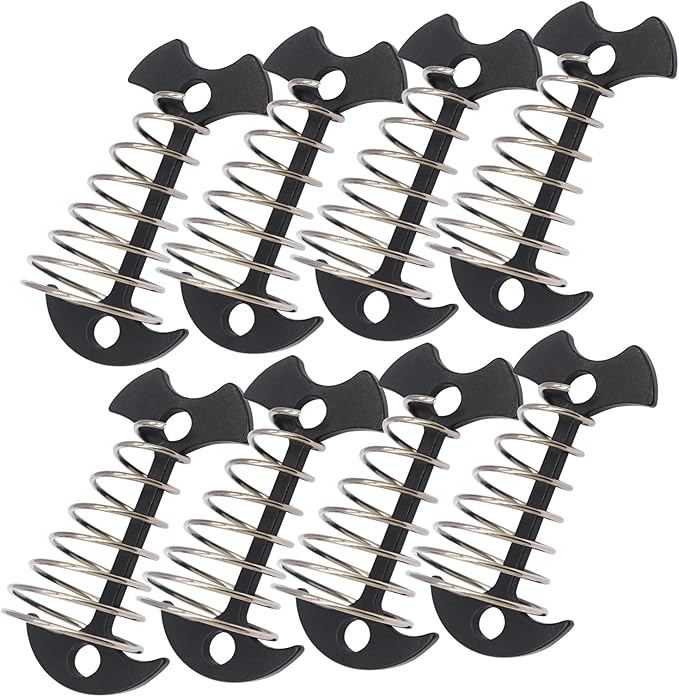 8 pcs Aluminium Alloy 2.6 inch Fishbone Tent Stakes Deck Anchor Pegs with Spring Rope Buckle Hook Cord Adjuster Tensioner Kit for Camping on Wood Platform Black