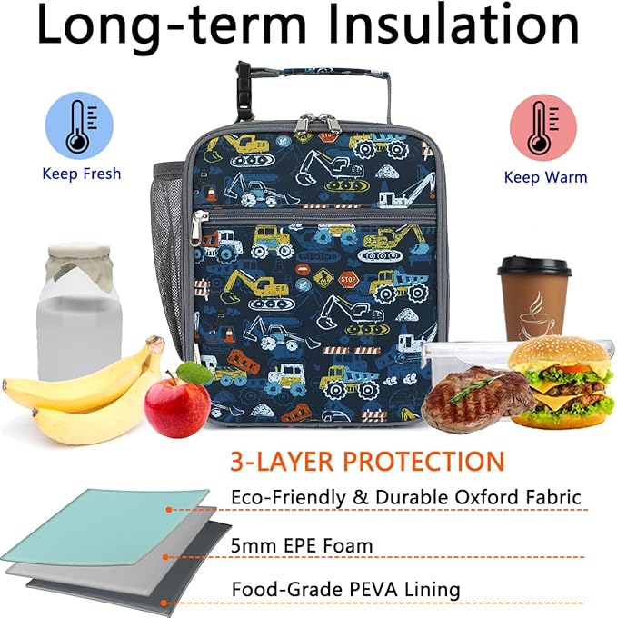 Lunch Box for Kids Boys Girls Men Women, Insulated Small Soft Cooler Lunch Bag Kit for School Work Picnic Travel - Reusable Portable lunchbox, Construction Truck