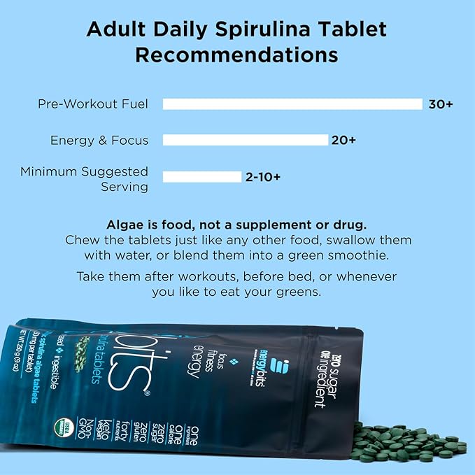 ENERGYBITS - Organic Spirulina Tablets - Plant-Based Algae Superfood - for Focus, Fitness, Energy - Plant Protein - Gluten Free - Collagen, Vitamin B12, Omega 3 - Keto & Vegan - 1000 Tablets Canister