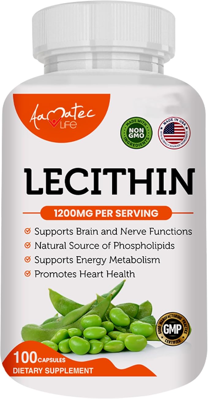 Soy Lecithin 1200mg Capsules Supplement for Heart, Liver & Brain Health – Supports Immune System, Brain Function & Metabolism - Non-GMO & Made in The USA- 100 Capsules / 1200mg
