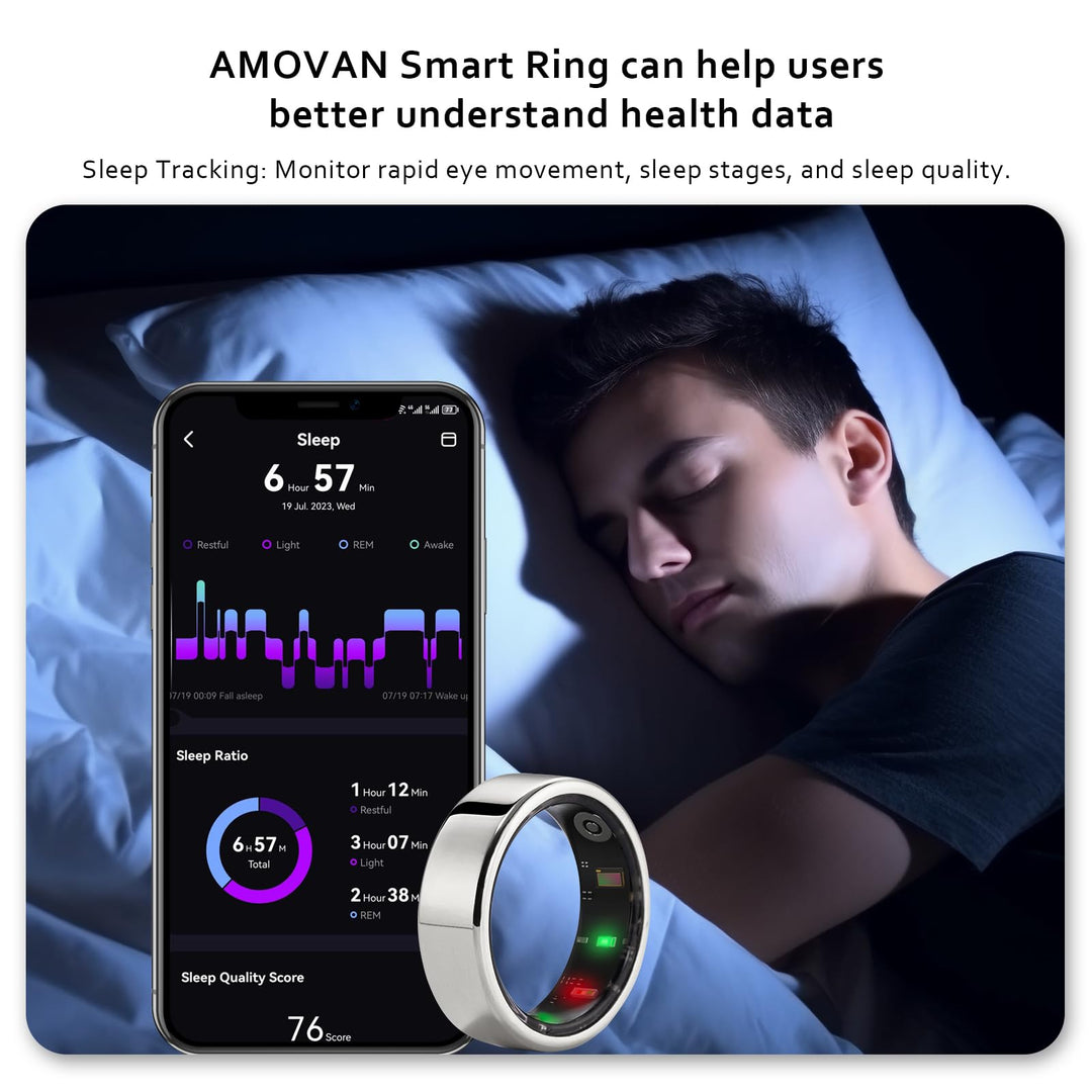 AMOVAN Smart Ring Health Tracker, Fitness Sleep Heart Rate Blood Oxygen Tracker Smart Ring, Water Resistant Bluetooth Fitness Tracker Rings