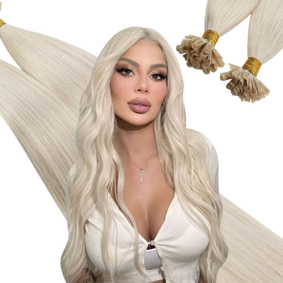 Ugeat 20 Inch White Blonde U Tip Hair Extensions Pre Bonded Hair Extensions Real Human Hair Keratin Hot Fusion Hair Extensions R