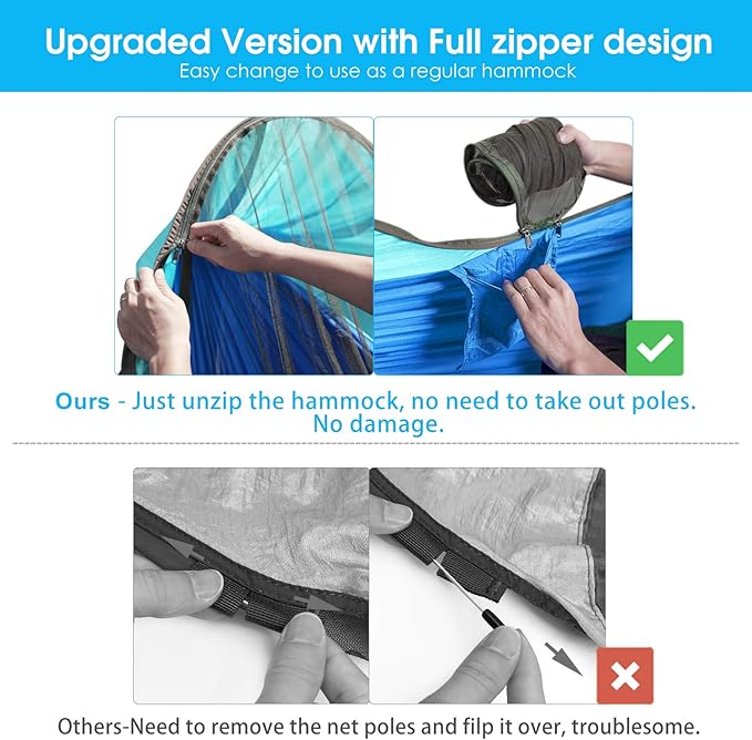 G4Free Large Camping Hammock with Mosquito Net 2 Person Pop-up Parachute Lightweight Hanging Hammocks Tree Straps Swing Bed for Outdoor Backpacking Backyard Hiking