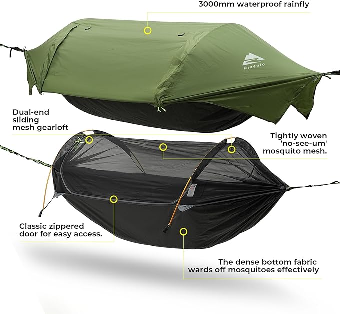 Camping Hammock Tent with Mosquito Net & RainFly, 3 in 1 Waterproof Lightweight Portable Sleeping Hammock Bug, Travel Outdoor Gear with Tree Strap Swing, for Hiking Patio Expedition