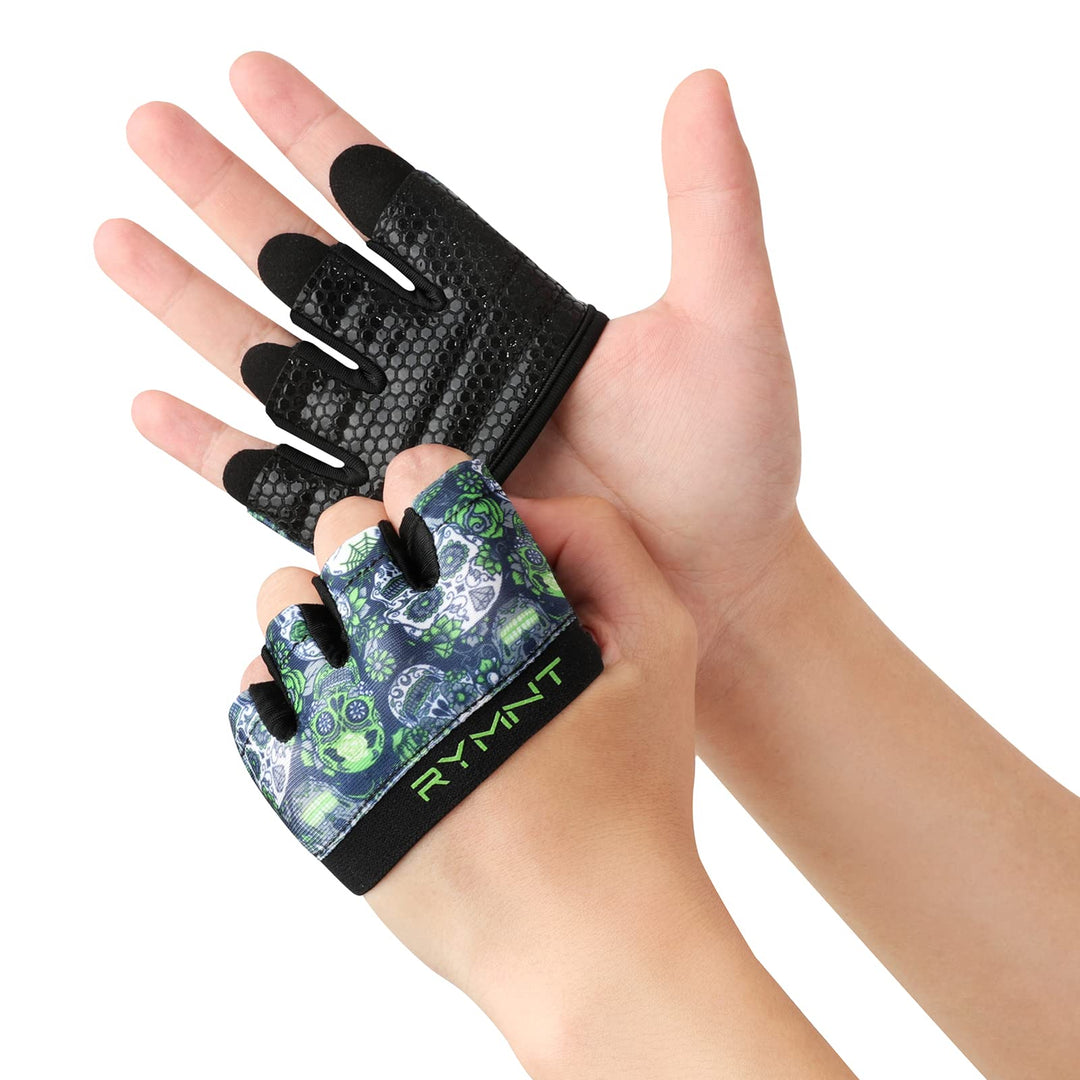 RYMNT Minimal Workout Gloves,Short Micro Weight Lifting Gloves Grip Pads with Full Palm Protection & Extra Grip for Men Women Weightlifting,Gym,Cross Training,Powerlifting,WODs.Skull Green.Small