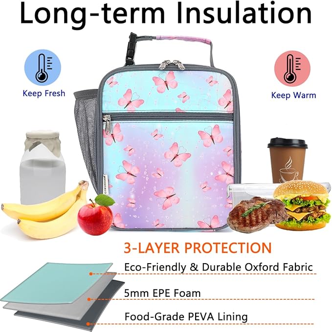Lunch Box for Kids Boys Girls Men Women, Insulated Small Soft Cooler Lunch Bag Kit for School Work Picnic Travel - Reusable Portable lunchbox,Butterfly