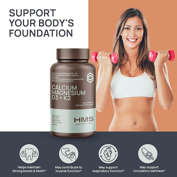 Calcium, Magnesium, Vitamins D3 and K2-120 Vegan Capsules, 60 Day Supply - Immune System Health, Strong Bones & Teeth - Non-GMO, Soy Free, & Dairy Free