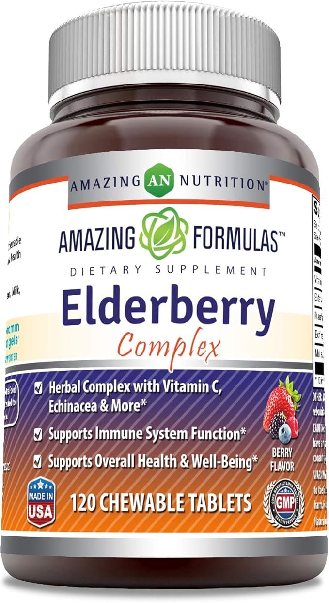 Amazing Formulas Elderberry Complex Supplement | 120 Chewable Tablets | Berry Flavor | Non-GMO | Gluten-Free | Made in USA