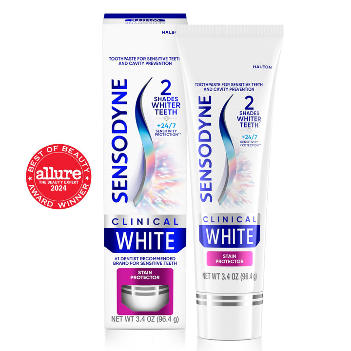 Sensodyne Clinical White Toothpaste Clinically Proven Whitening for Sensitive Teeth, Stain Protector, 3.4 oz