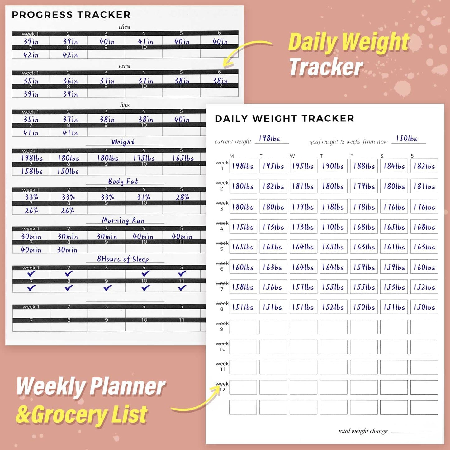 Fitness Journal for Women and Men, 8.8" x 6.6", Workout Log Sprial Book Planner for Tracking Progress and Achieving Your Wellness Goals, Pink