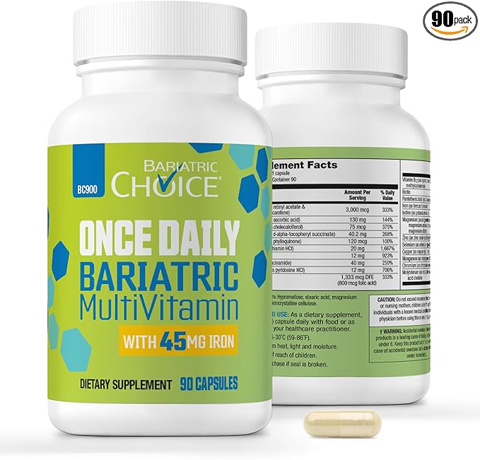 Bariatric Choice Once-Daily Bariatric Multivitamin with 45 mg of Iron | Easy to Swallow Capsule | Vitamin for Bariatric Surgery Patients | 90 Count (3-Month Supply)