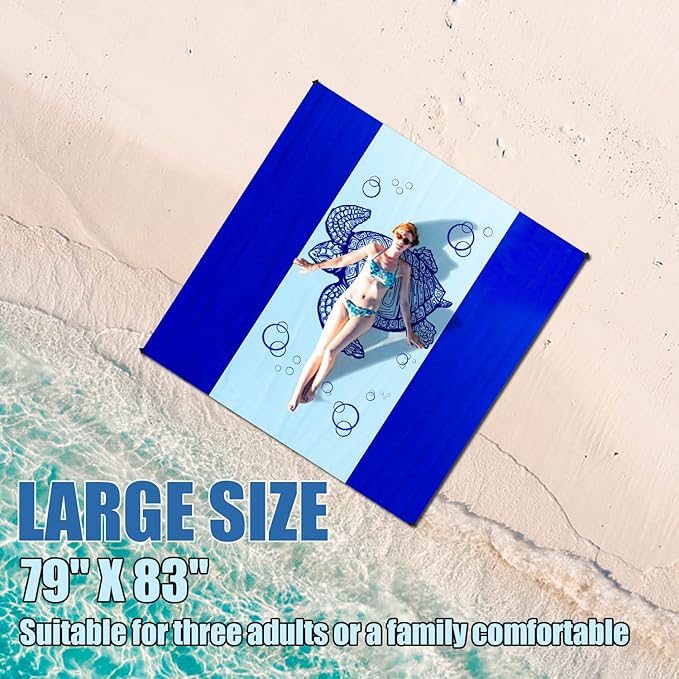 Beach Blanket Waterproof Sandproof Oversized 79" X 83" Soft Durable Light Weight and Portable Beach Mat with Corner Pockets for 4-6 Adults Outdoor Picnic Mat with Pocket for Travel Camping Hiking