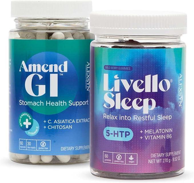 Amend GI + Livello Sleep Bundle - Digestive and Natural Sleep Support with C. Asiatica, Chitosan, 5-HTP, and Melatonin, 60 Yummy Wild Berry Gummies + 60 Capsules